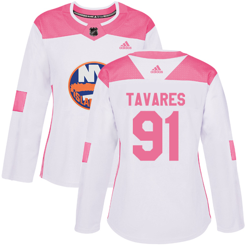 Adidas Islanders #91 John Tavares White/Pink Authentic Fashion Women's Stitched NHL Jersey - Click Image to Close